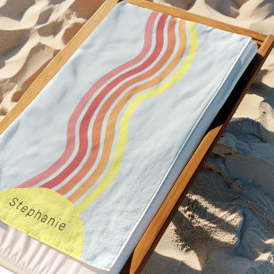 Retro Colorful Blue Groovy Lines Beach Sunrise Beach Towel
