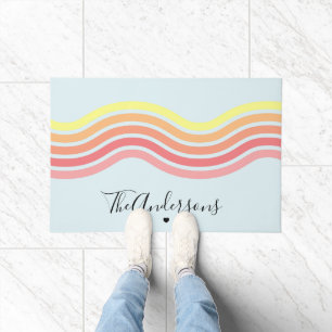 Retro Colorful Blue Groovy Lines Beach Sunrise Doormat