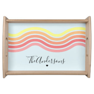 Retro Colorful Blue Groovy Lines Beach Sunrise  Serving Tray