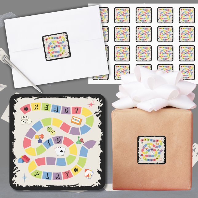 Retro Colorful Board Game Ready to Play Square Sticker (The perfect "Ready to Play" seal for your retro game night invitation envelopes!)