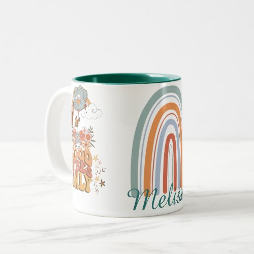 Retro colorful boho flowers groovy floral rainbow Two_Tone coffee mug