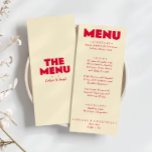 Retro Colorful Bright Funky Bold Modern Wedding  Menu<br><div class="desc">A colorful retro funky modern peach yellow wedding dinner menu. Which features chic template design of boho vintage milky white background and bright red magenta typography and hand written menu in blue . And bright back green background. Perfect and matching with the whole suite.</div>