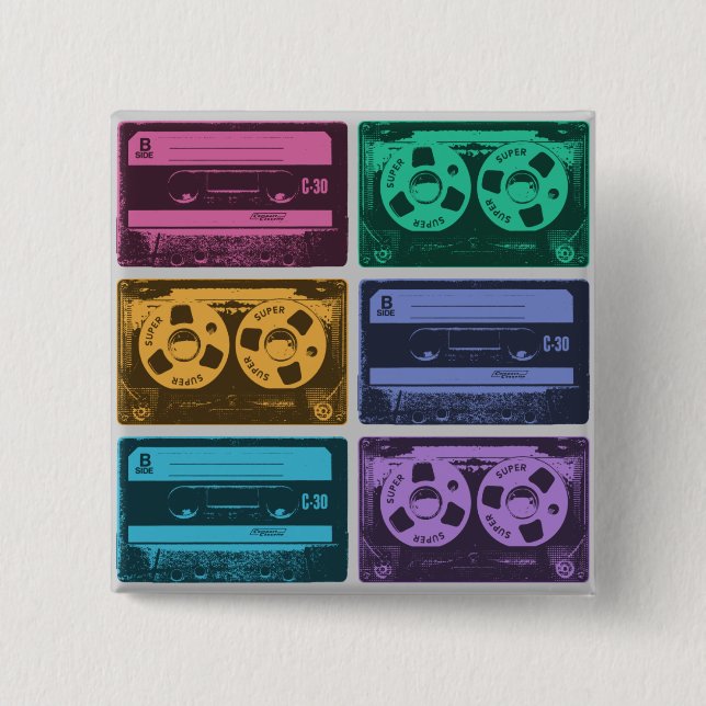 Retro Colorful Cassette Tapes Button (Front)