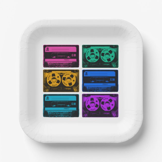 Retro Colorful Cassette Tapes Paper Plates (Front)