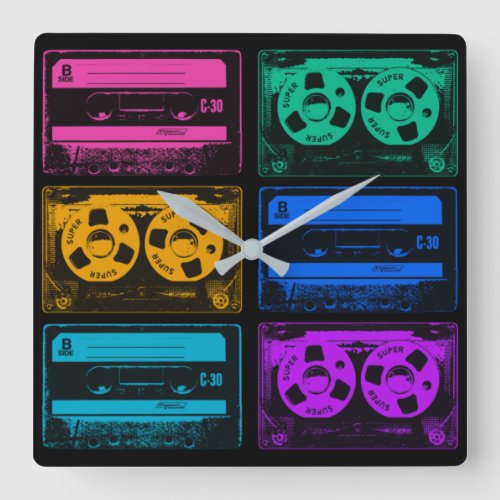 Retro Colorful Cassette Tapes Square Wall Clock