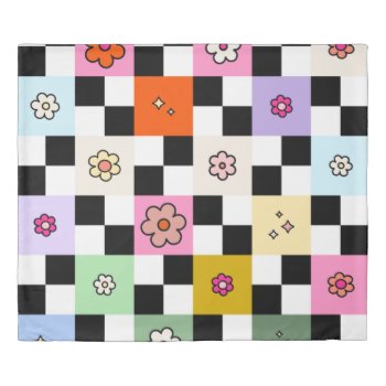 Retro Colorful Checkered Daisies Flower Check Duve Duvet Cover by dailyreginadesigns at Zazzle