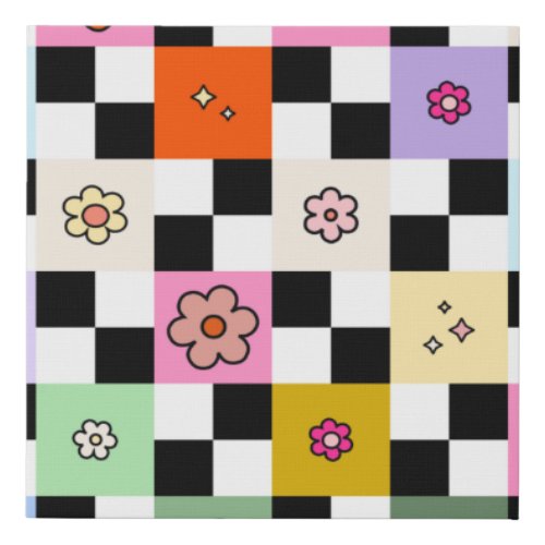 Retro Colorful Checkered Daisies Flower Check Faux Canvas Print