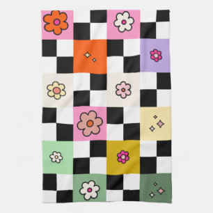 Retro Colorful Checkered Daisies Flower Check Kitchen Towel