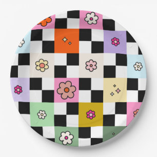 Retro Colorful Checkered Daisies Flower Check Paper Plates