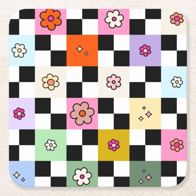 Retro Colorful Checkered Daisies Flower Check Square Paper Coaster (Front)