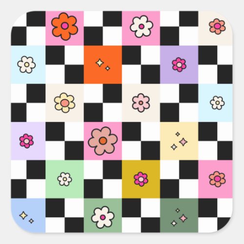 Retro Colorful Checkered Daisies Flower Check Square Sticker