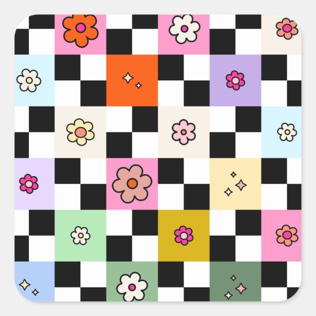 Retro Colorful Checkered Daisies Flower Check Square Sticker (Front)