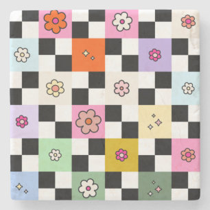 Retro Colorful Checkered Daisies Flower Check Stone Coaster