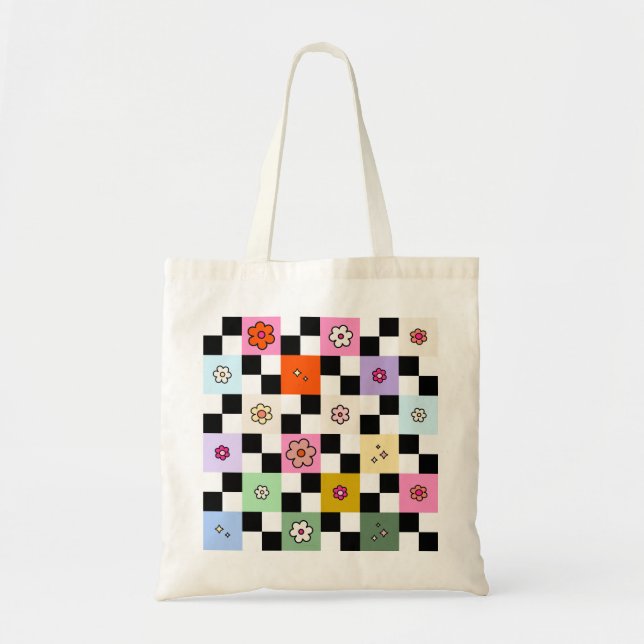 Retro Colorful Checkered Daisies Flower Check Tote Bag (Front)