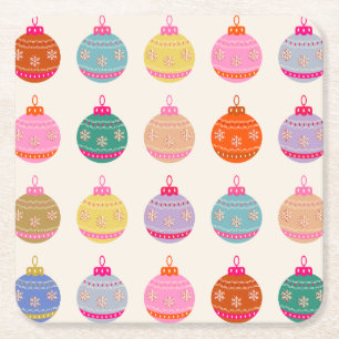 Retro Colorful Christmas Baubles Square Paper Coaster