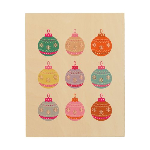 Retro Colorful Christmas Baubles Wood Wall Art
