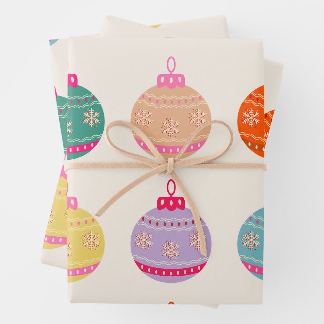 Retro Colorful Christmas Baubles Wrapping Paper Sheets (In situ)