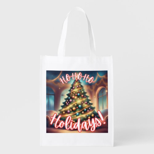 Retro Colorful Christmas Lights and Tree Grocery Bag