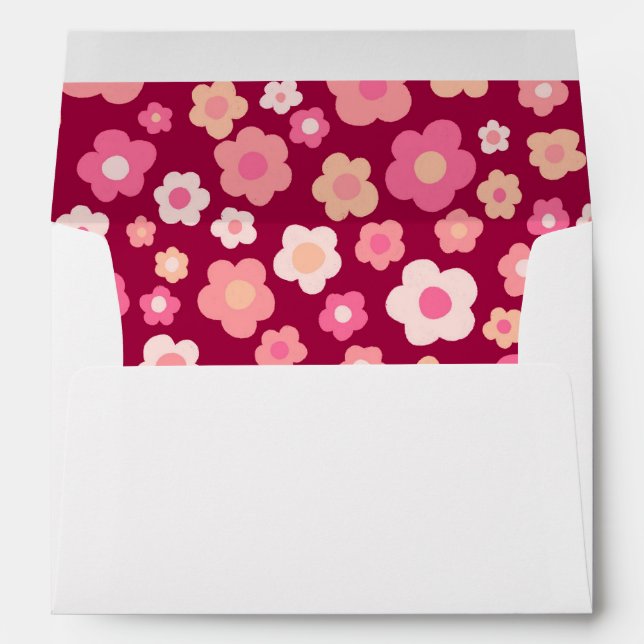 Retro Colorful Daisies Pink Cheerful Bold Wedding Envelope (Back (Bottom))