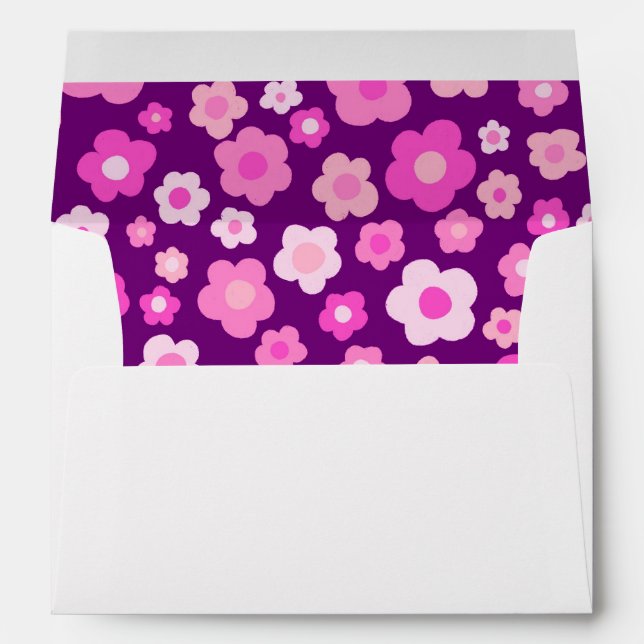 Retro Colorful Daisies Purple Cheerful Wedding Envelope (Back (Bottom))