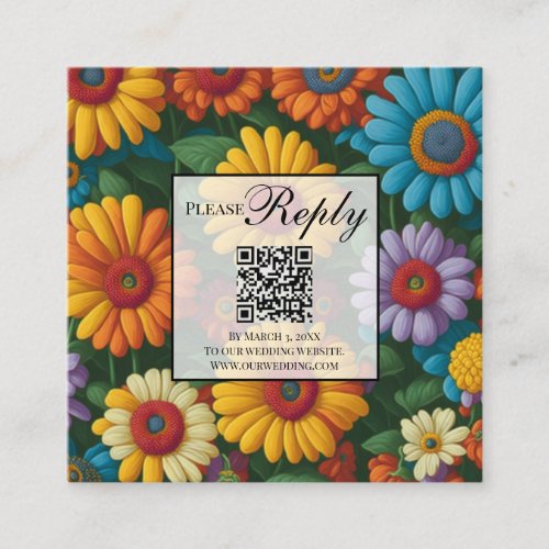 Retro colorful daisies vintage flowers QR code Enclosure Card