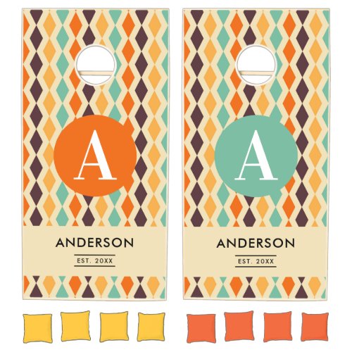 Retro Colorful Diamond Pattern Monogram  Name Cornhole Set