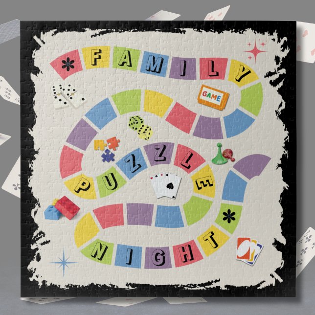 Retro Colorful Family Game Night Jigsaw Puzzle (A vibrant, high-energy jigsaw puzzle that celebrates the joy of classic board games)