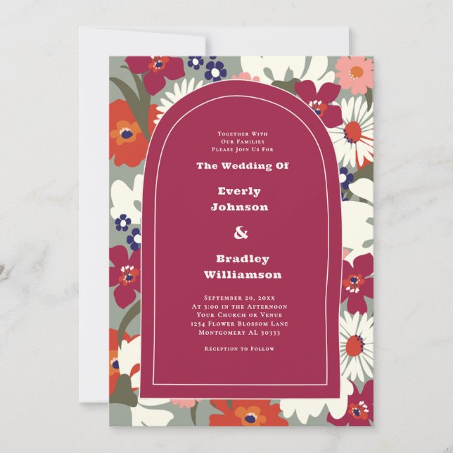 Retro Colorful Floral Boho Chic 70's Wedding Invitation (Front)