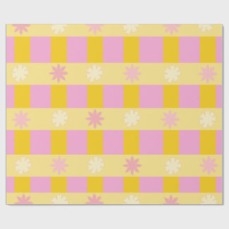Retro Colorful Floral Checkerboard Pattern Wrapping Paper