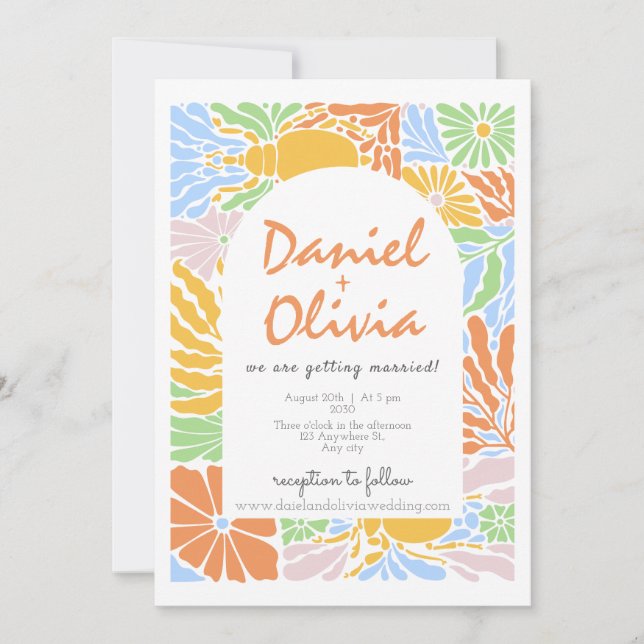 Retro Colorful Floral Frame Wedding Invitation (Front)
