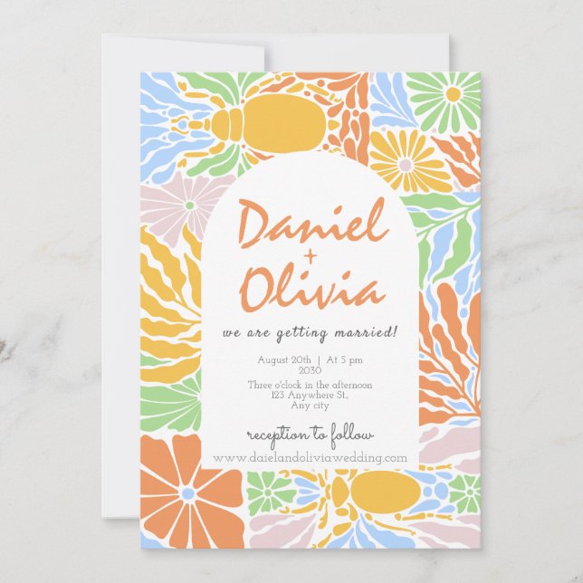 Retro Colorful Floral Frame Wedding Invitation (Front)