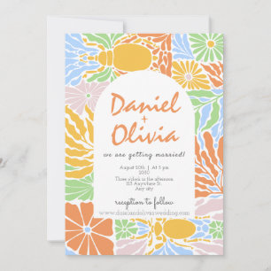 Retro Colorful Floral Frame Wedding Invitation