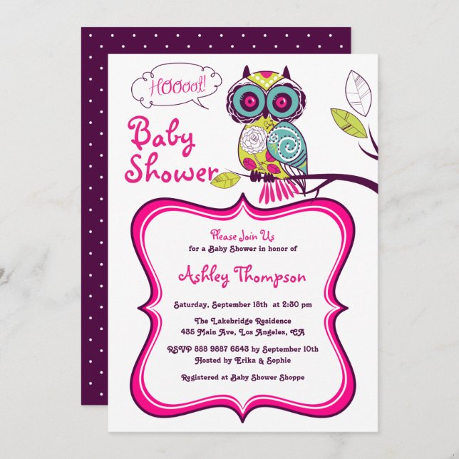 Retro Colorful Floral Owl Spring Baby Shower Invitation (Front/Back)