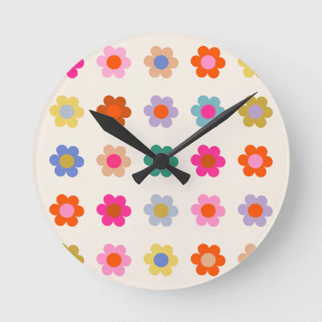 Retro Colorful Floral Preppy Abstract Flowers Round Clock | Zazzle