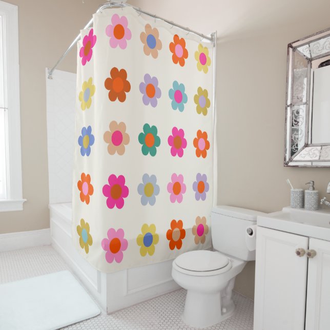 Retro Colorful Floral Preppy Abstract Flowers Shower Curtain (In Situ)