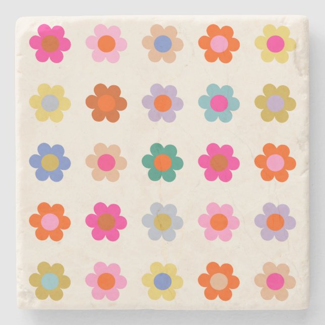 Retro Colorful Floral Preppy Abstract Flowers Stone Coaster (Front)