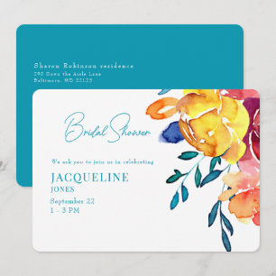 Retro Colorful Floral Turquoise Bridal Shower Invitation