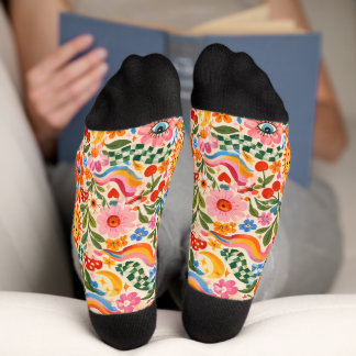 Retro Colorful Floral Watercolour Crew Socks