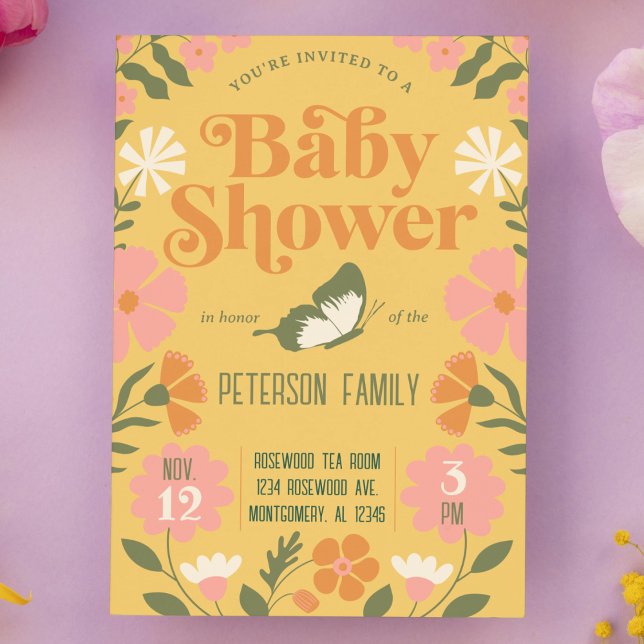 Retro Colorful Flower Garden Baby Shower Invitation (retro 70s garden flower baby shower invitation modern butterfly floral design hippy flowers)