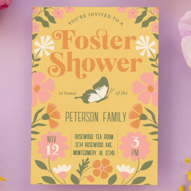 Retro Colorful Flower Garden Foster Care Shower Invitation (Foster Shower Retro 70s garden flower butterfly design cute modern funky foster care shower invite)