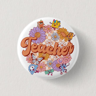 Retro colorful flower teacher button