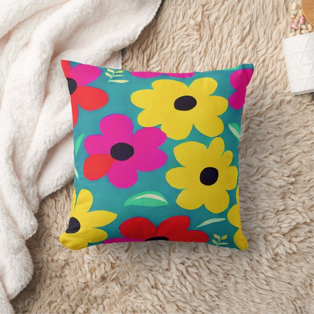 Retro Colorful Flowers Nursery Art Throw Pillow (Blanket)
