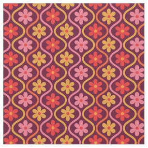 Retro Colorful Flowers on Vintage Ogee Pattern Fabric