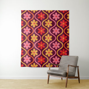 Retro Colorful Flowers on Vintage Ogee Pattern Tapestry