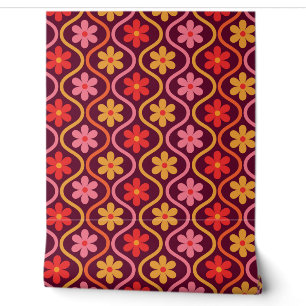 Retro Colorful Flowers on Vintage Ogee Pattern Wallpaper