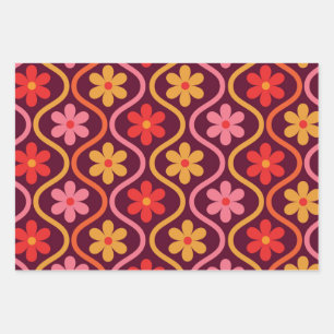 Retro Colorful Flowers on Vintage Ogee Pattern  Wrapping Paper Sheets