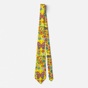 Retro colorful flowers pattern. B Yellow BG Neck Tie