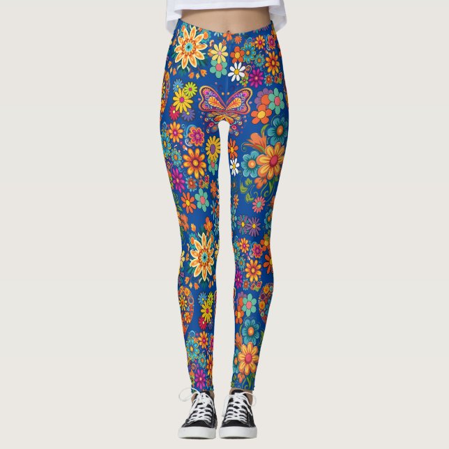Retro colorful flowers pattern. Blue BG Leggings (Front)