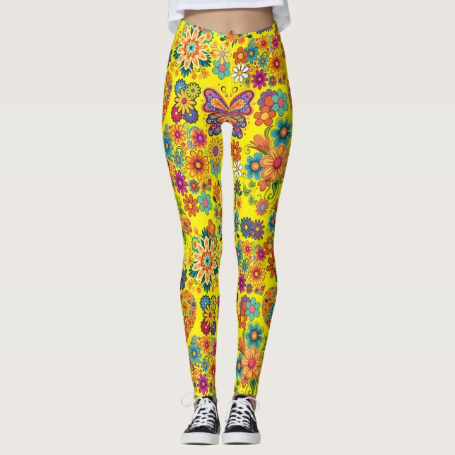 Retro colorful flowers pattern. Bright Yellow BG Leggings (Front)