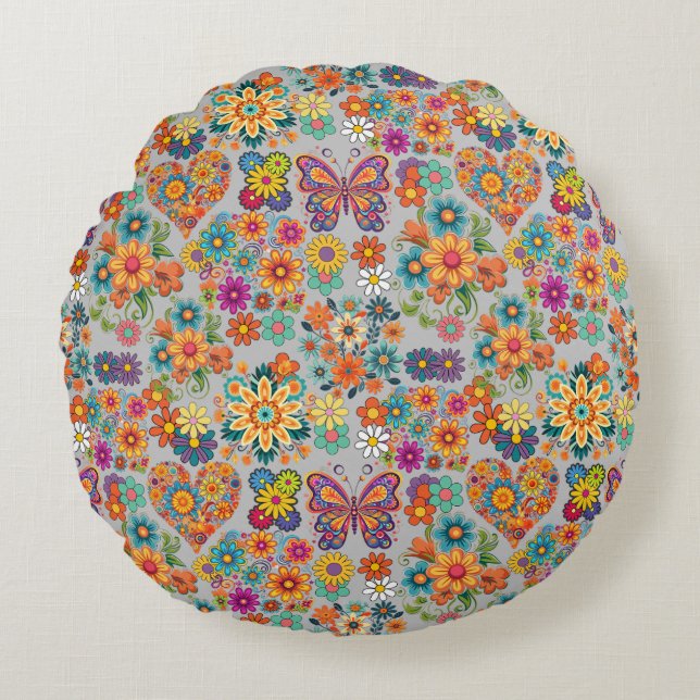 Retro colorful flowers pattern. L Grey BG Round Pillow (Front)